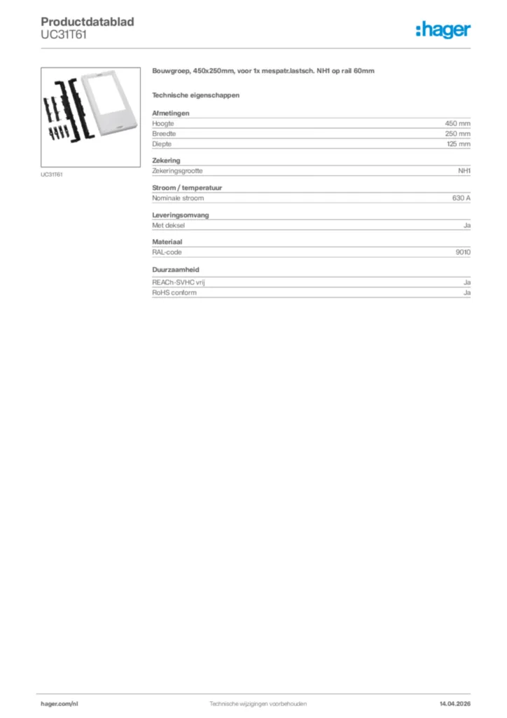 Afbeelding Hager Productdatablad UC31T61 | Hager Nederland