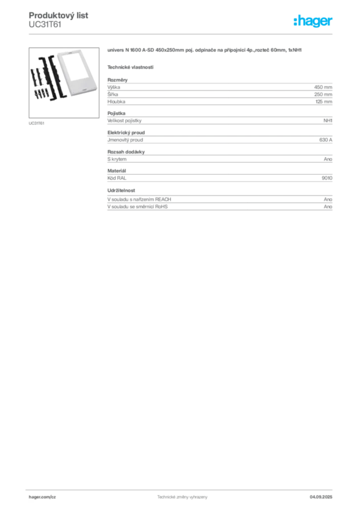 Obrázek Hager Produktový list UC31T61 | Hager