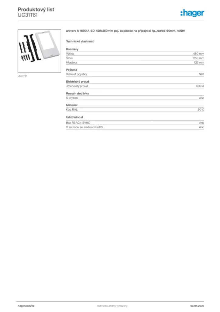 Obrázek Hager Product data sheet UC31T61 | Hager