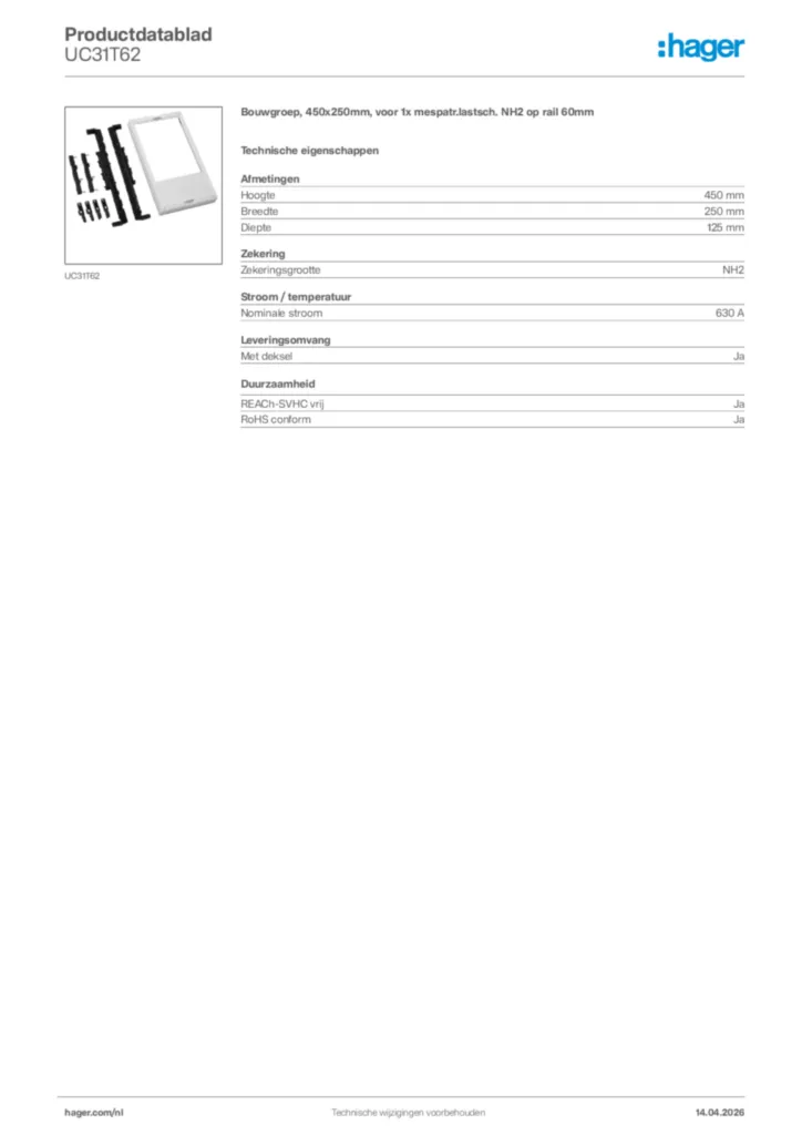 Afbeelding Hager Productdatablad UC31T62 | Hager Nederland