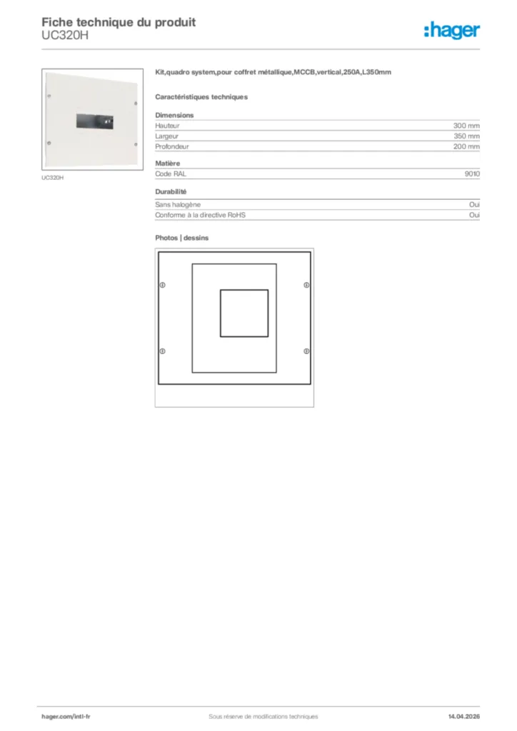 Image Hager Fiche technique du produit UC320H | Hager Afrique