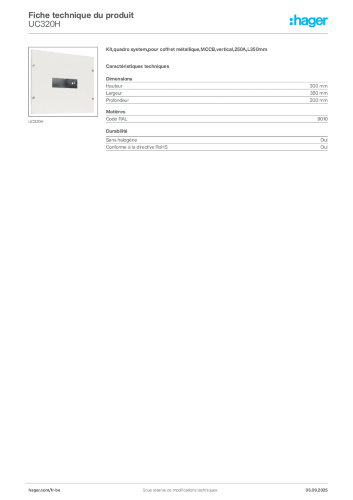 Image Hager Fiche technique du produit UC320H | Hager Belgique