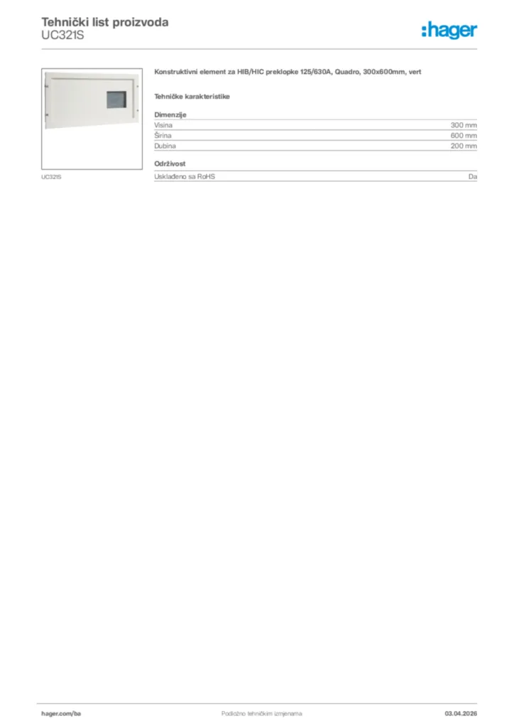 Slika Hager Tehnički list proizvoda UC321S  | Hager