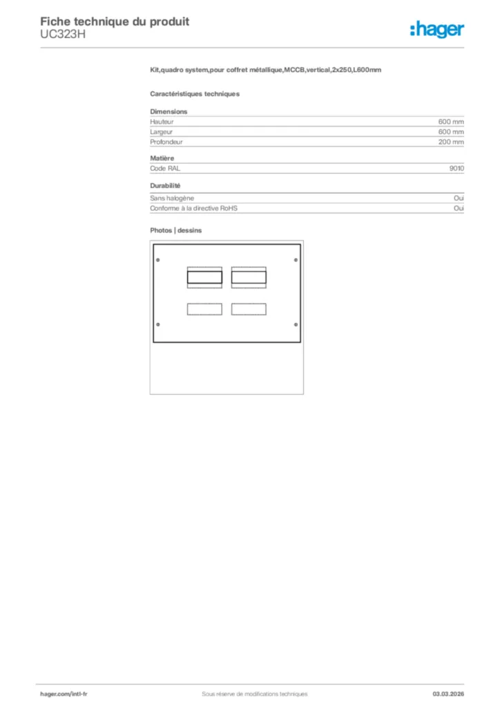 Image Hager Fiche technique du produit UC323H | Hager Afrique
