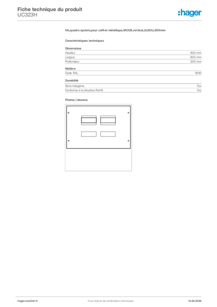 Image Hager Fiche technique du produit UC323H | Hager Afrique