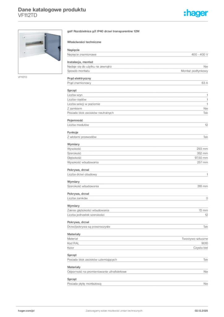 Zdjęcie Hager Dane katalogowe produktu VF112TD | Hager Polska