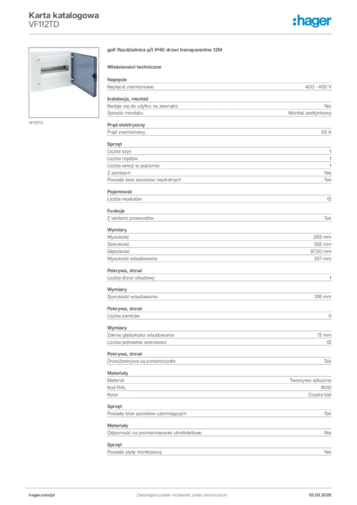Zdjęcie Hager Karta katalogowa VF112TD | Hager Polska