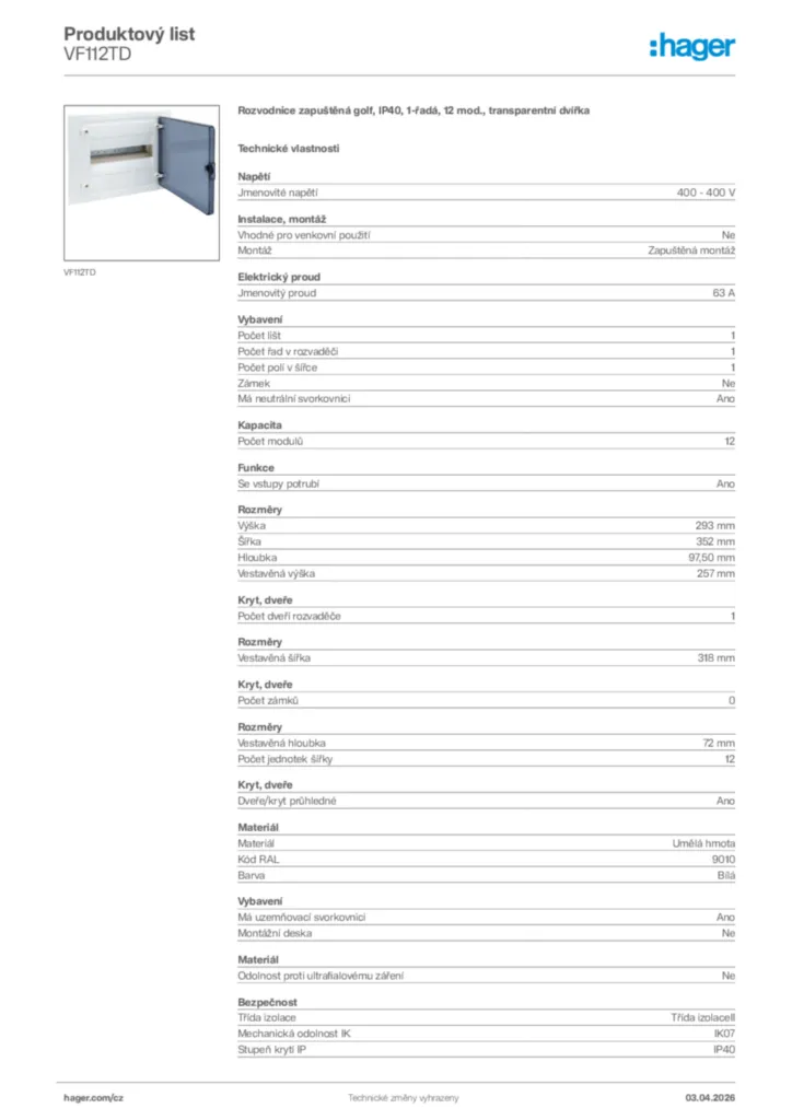 Obrázek Hager Product data sheet VF112TD | Hager