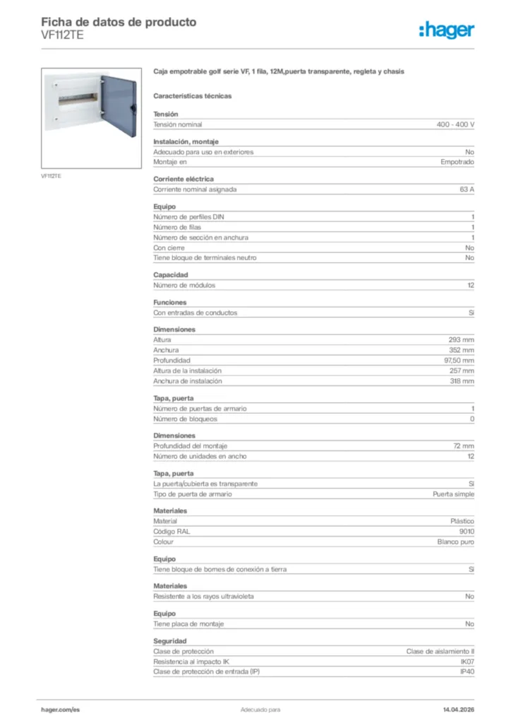 Imagen Hager Ficha de datos de producto VF112TE | Hager España