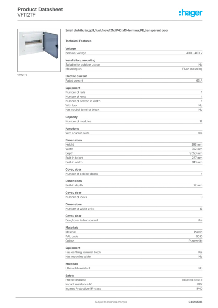 Image Hager Product data sheet VF112TF  | Hager
