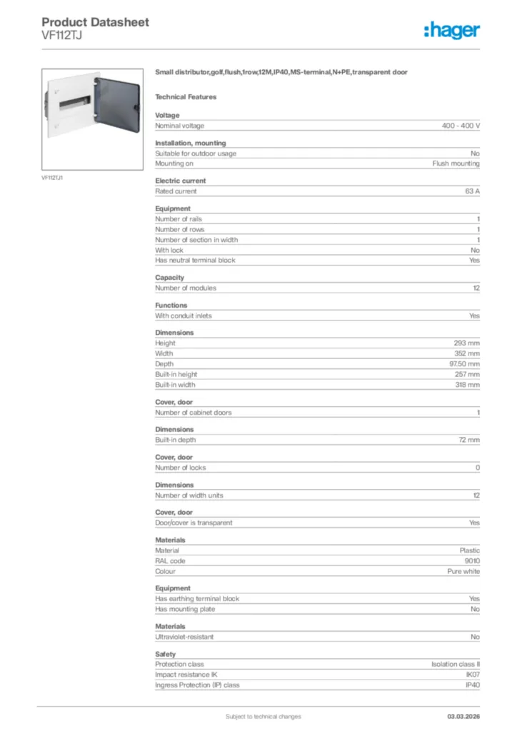 Image Hager Product data sheet VF112TJ  | Hager Africa