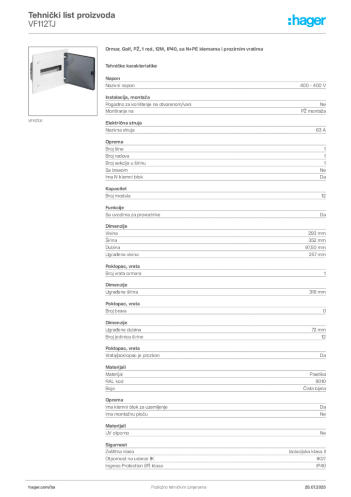 Slika Hager Product data sheet VF112TJ  | Hager