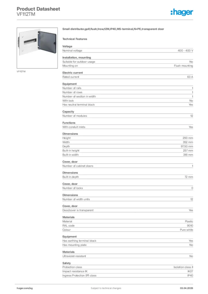 Image Hager Product data sheet VF112TM  | Hager