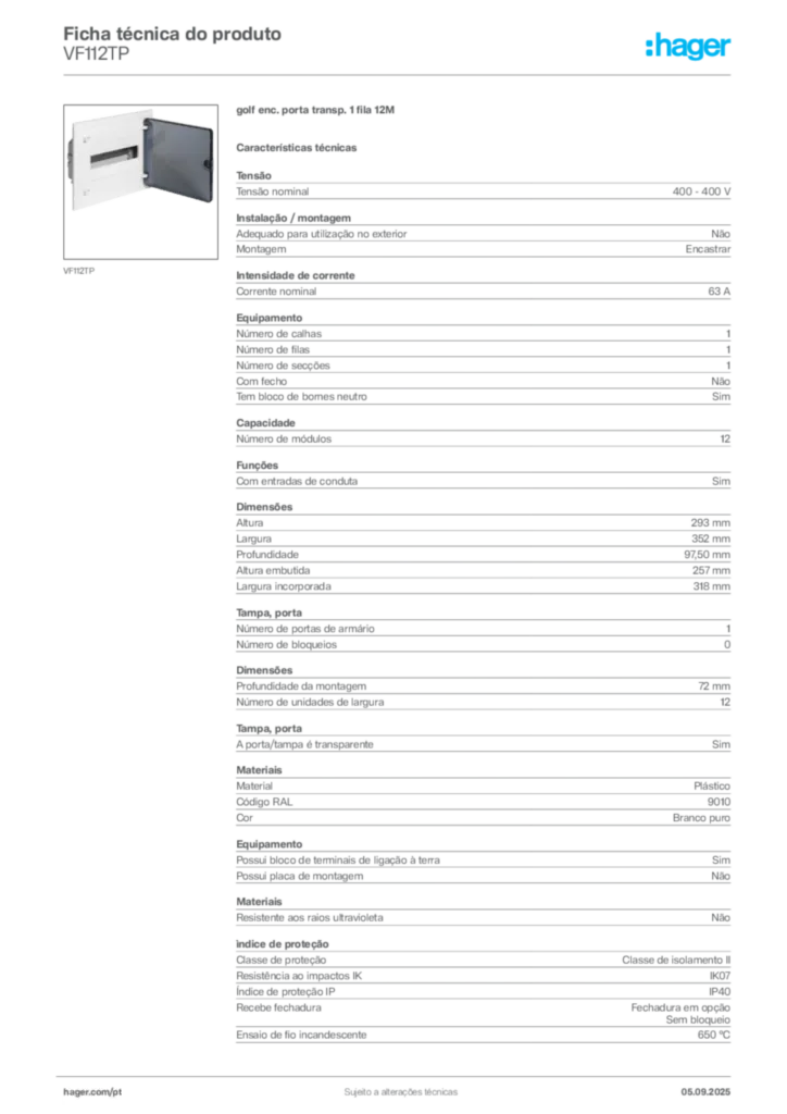Imagem Hager Ficha técnica do produto VF112TP | Hager Portugal