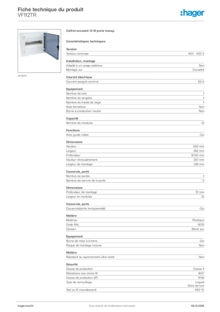 Image Hager Fiche technique du produit VF112TR | Hager France
