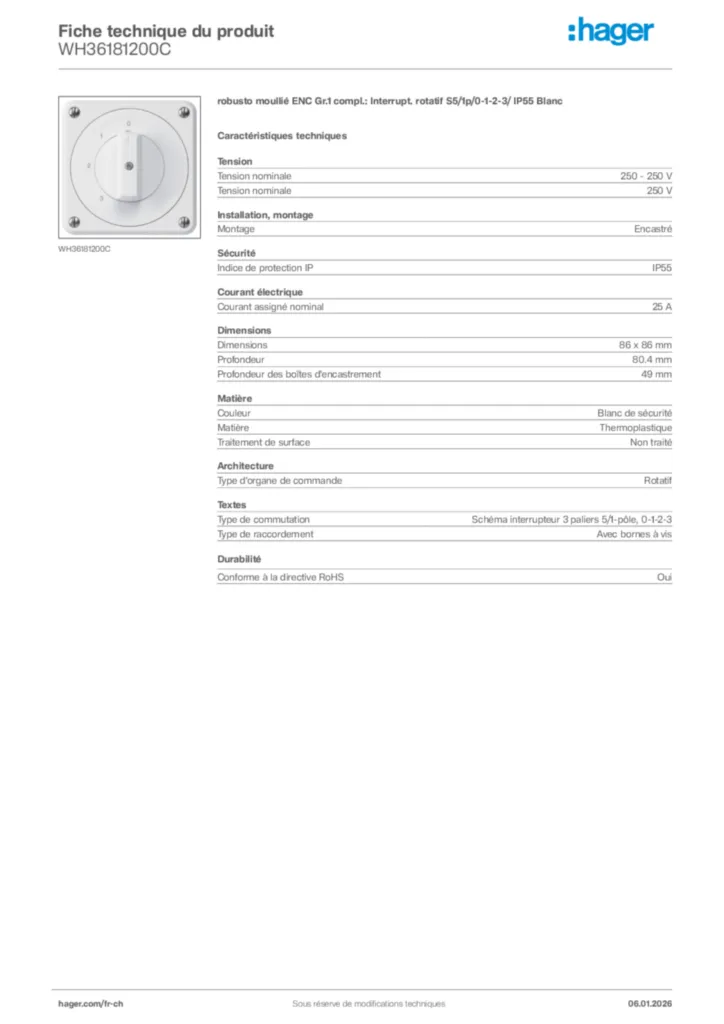 Image Hager Fiche technique du produit WH36181200C | Hager Suisse