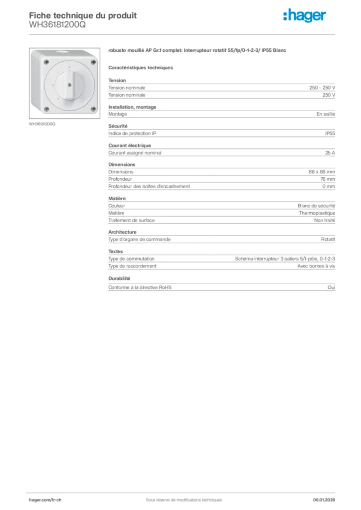 Image Hager Fiche technique du produit WH36181200Q | Hager Suisse