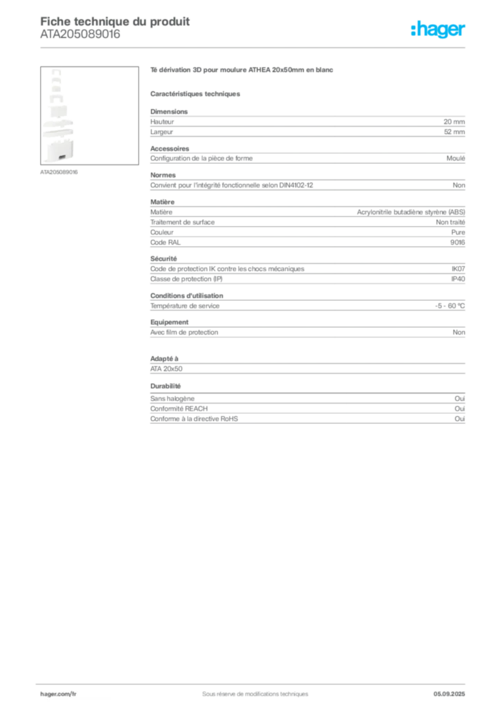 Image Hager Fiche technique du produit ATA205089016 | Hager France