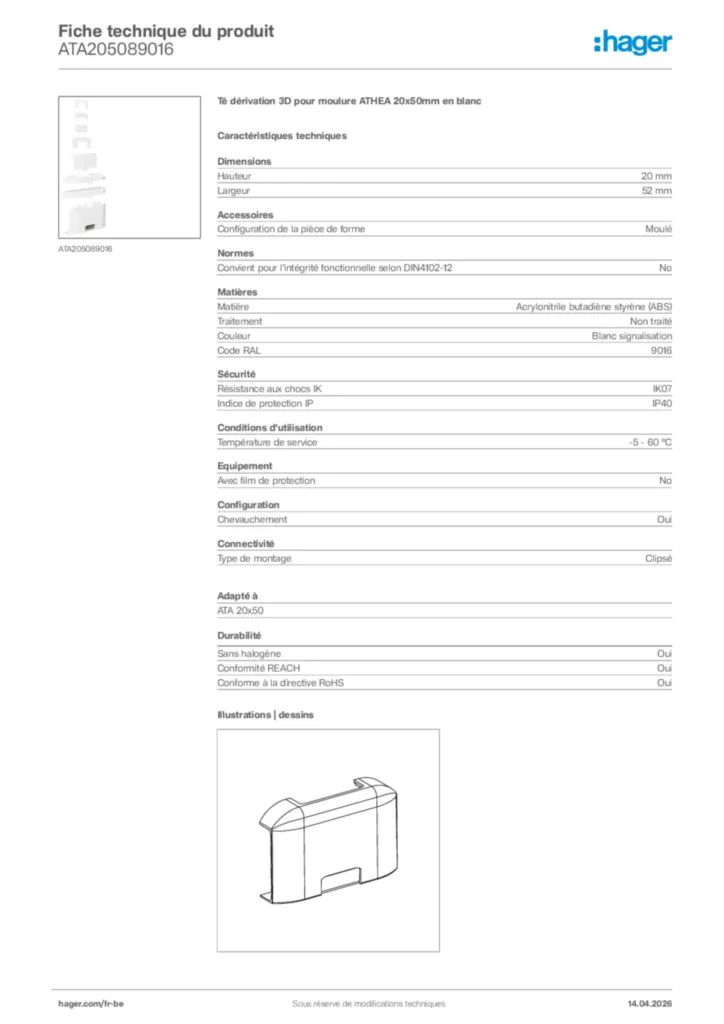Image Hager Fiche technique du produit ATA205089016 | Hager Belgique