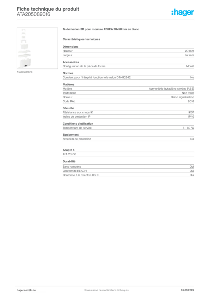 Image Hager Fiche technique du produit ATA205089016 | Hager Belgique
