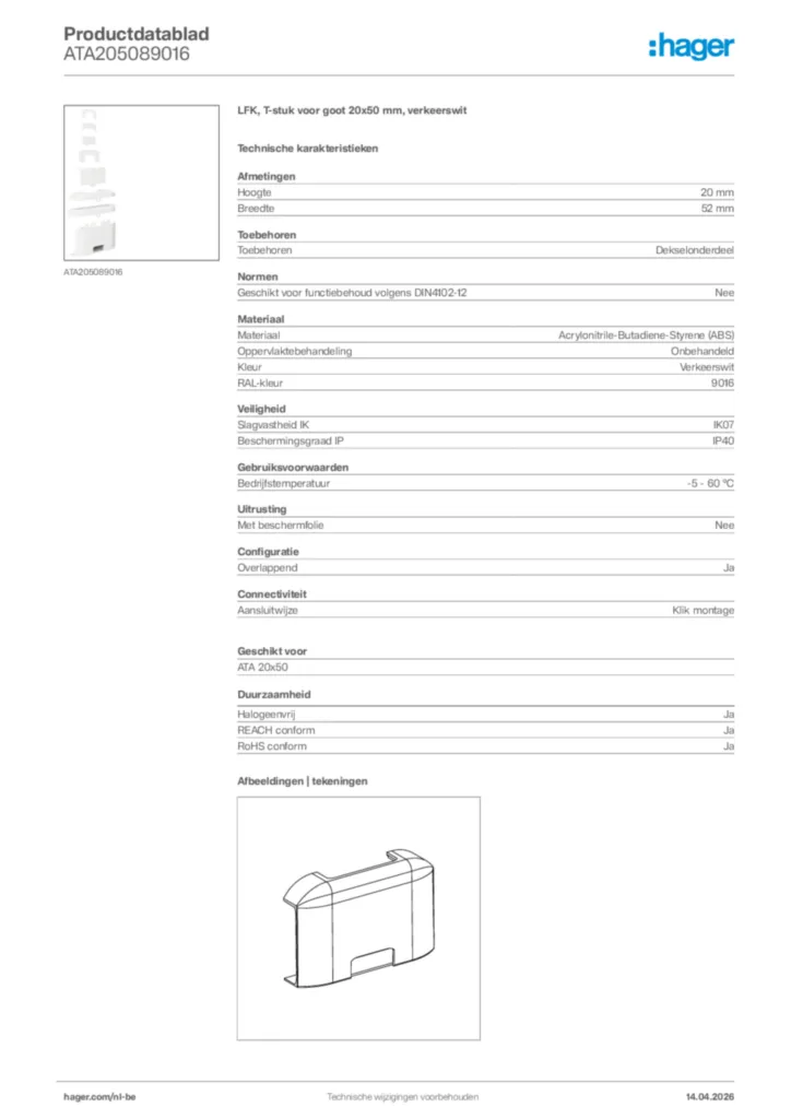 Afbeelding Hager Productdatablad ATA205089016 | Hager Belgium