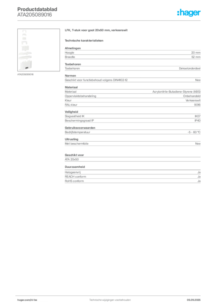 Afbeelding Hager Productdatablad ATA205089016 | Hager Belgium