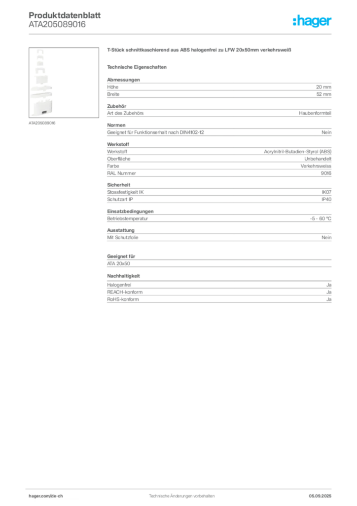 Bild Hager Produktdatenblatt ATA205089016 | Hager Schweiz