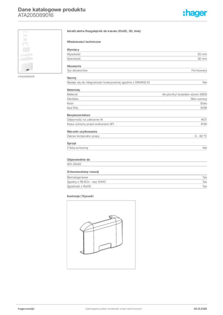 Zdjęcie Hager Dane katalogowe produktu ATA205089016 | Hager Polska
