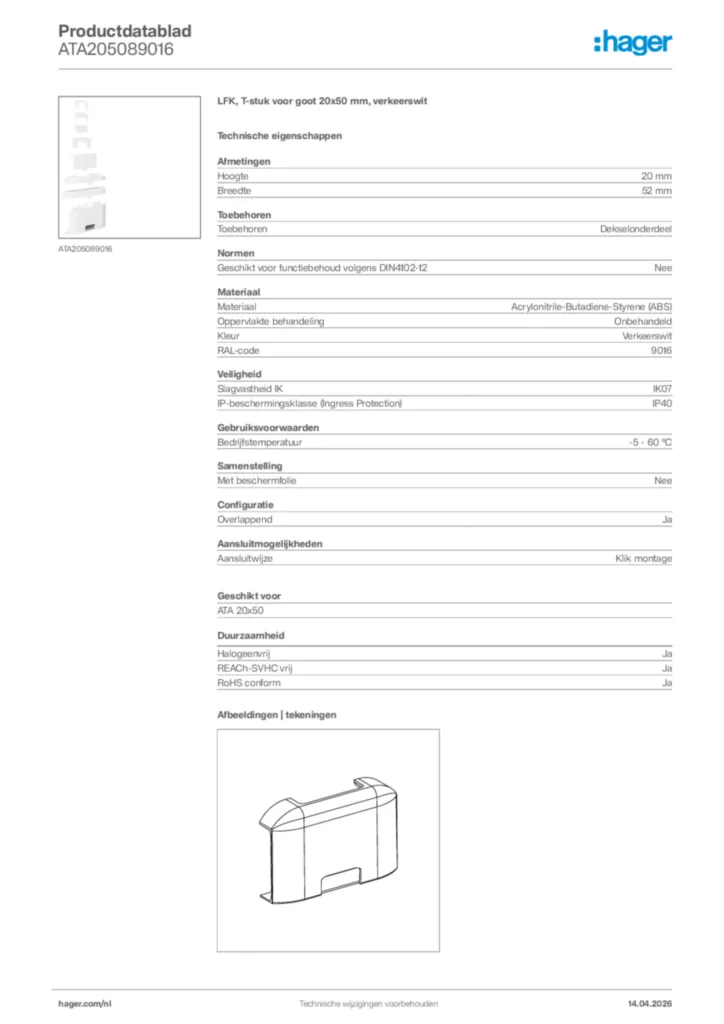 Afbeelding Hager Productdatablad ATA205089016 | Hager Nederland
