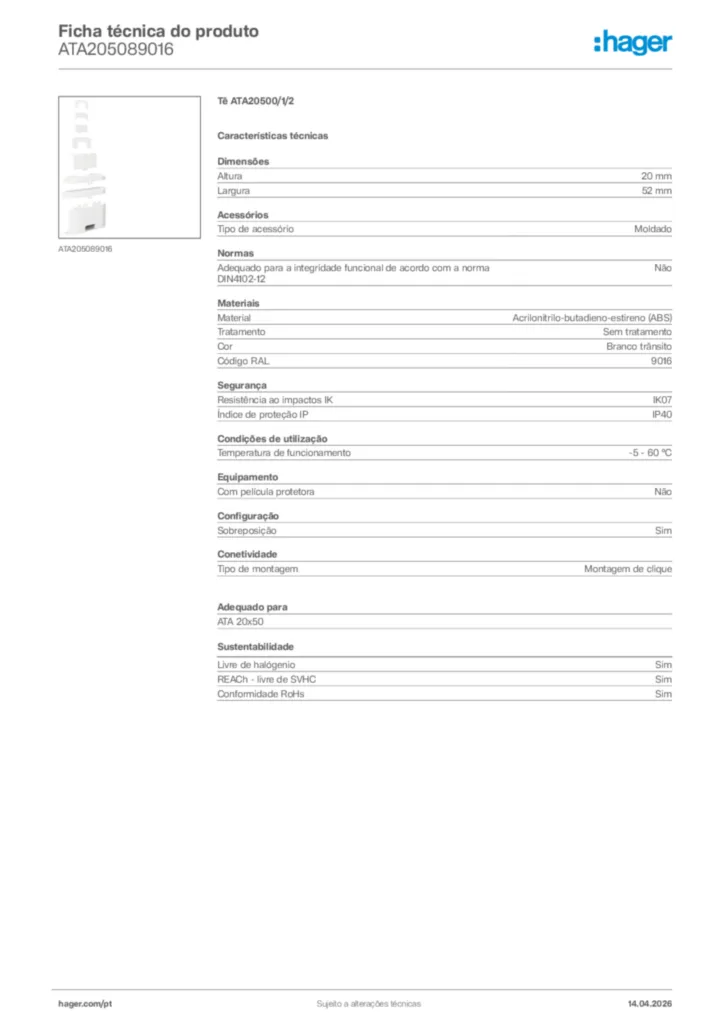Imagem Hager Ficha técnica do produto ATA205089016 | Hager Portugal