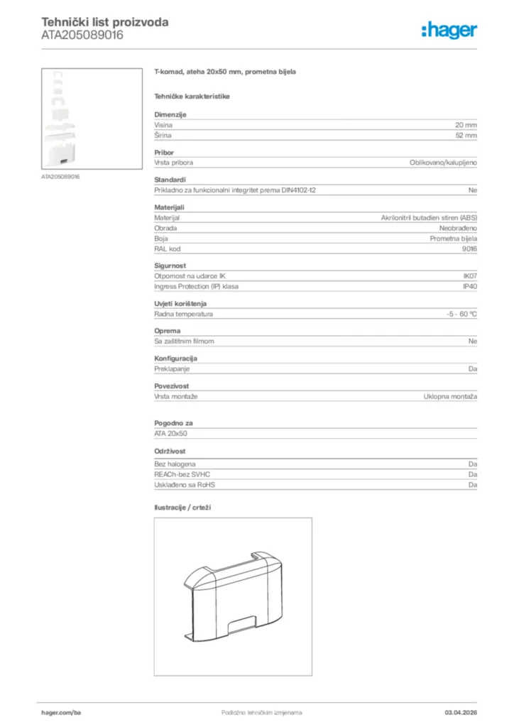 Slika Hager Tehnički list proizvoda ATA205089016  | Hager