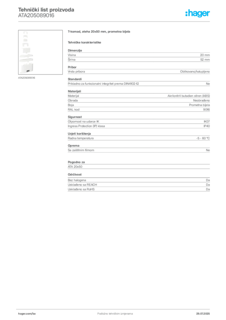 Slika Hager Product data sheet ATA205089016  | Hager