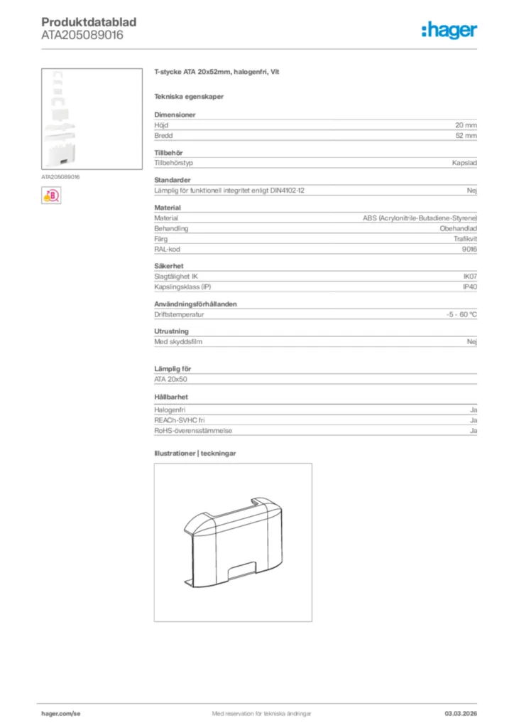 Bild Hager Produktdatablad ATA205089016 | Hager Sverige