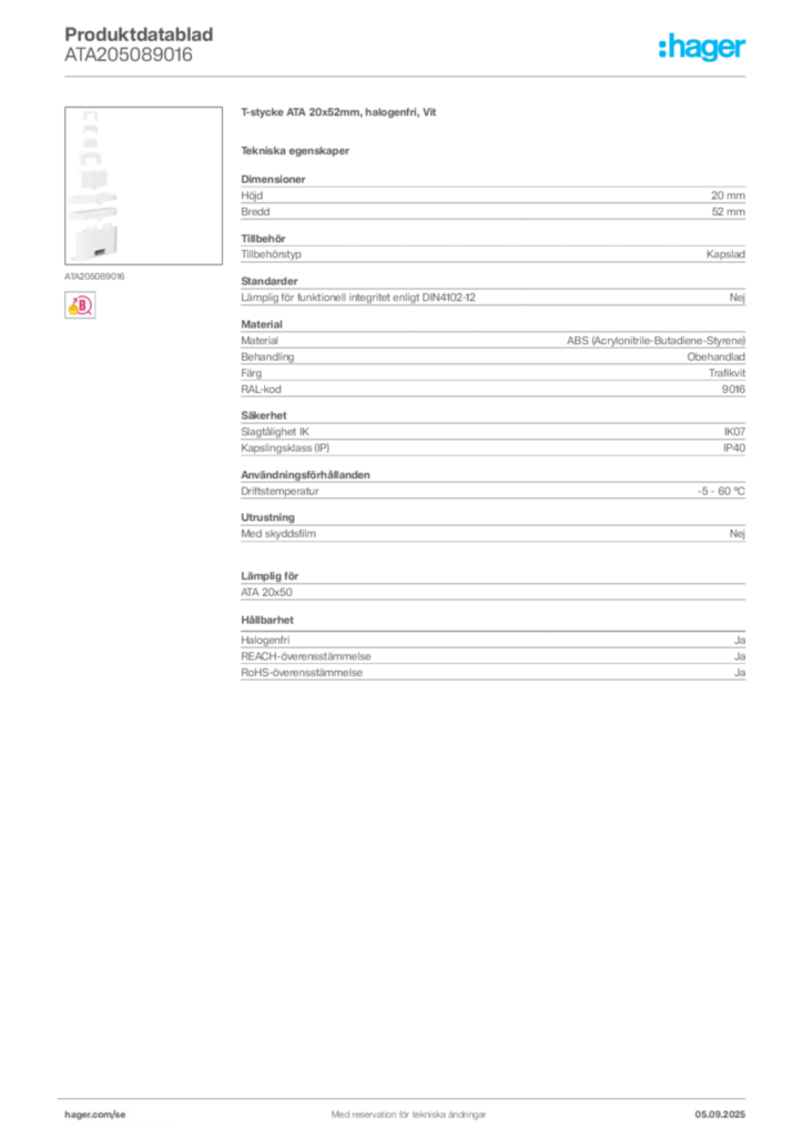 Bild Hager Produktdatablad ATA205089016 | Hager Sverige
