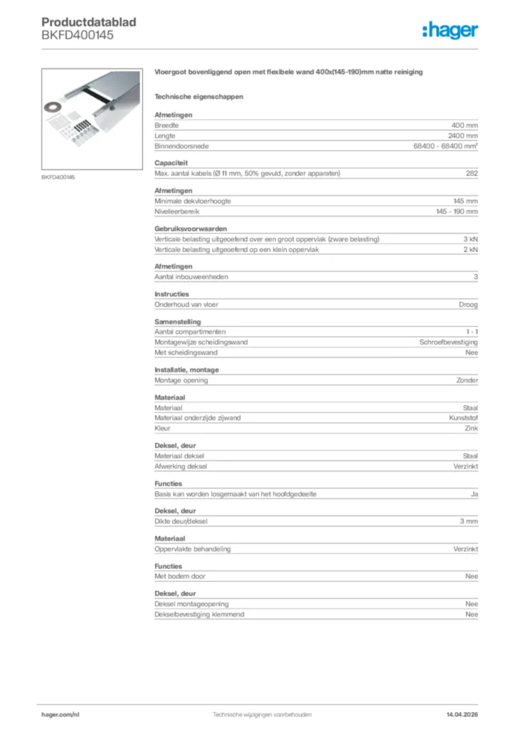 Afbeelding Hager Productdatablad BKFD400145 | Hager Nederland