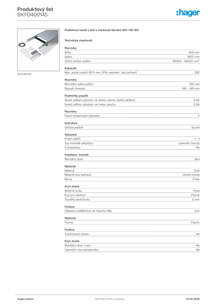 Obrázek Hager Product data sheet BKFD400145 | Hager