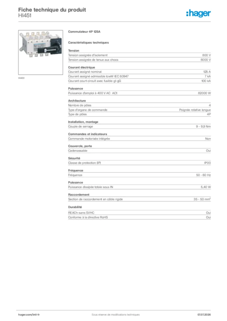 Image Hager Fiche technique du produit HI451 | Hager Afrique
