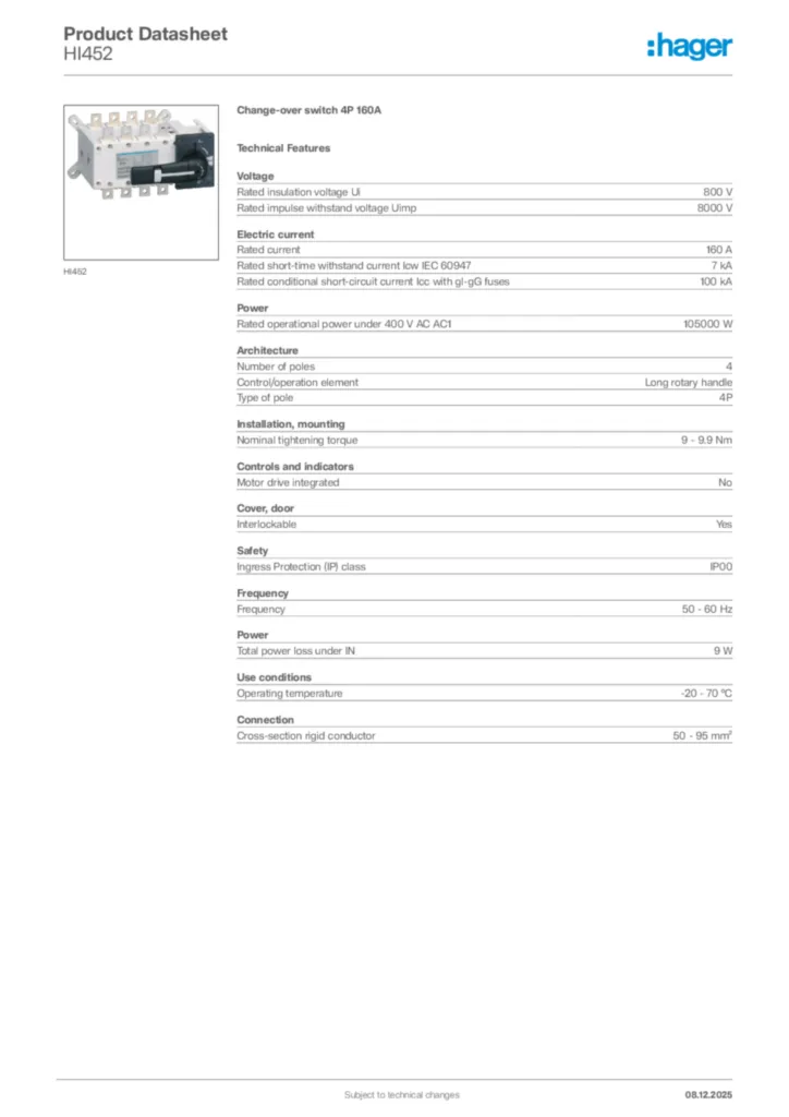 Image Hager Product data sheet HI452  | Hager Africa