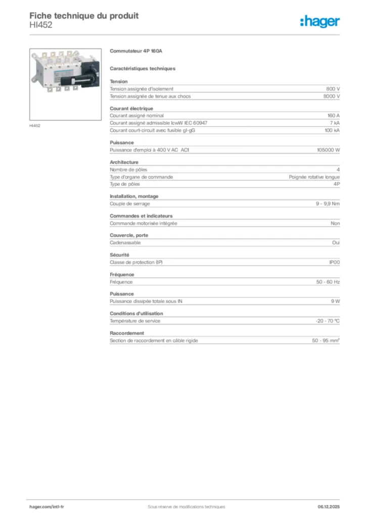 Image Hager Fiche technique du produit HI452 | Hager Afrique