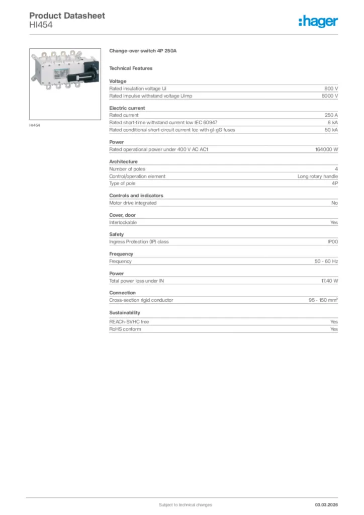 Image Hager Product data sheet HI454  | Hager Africa