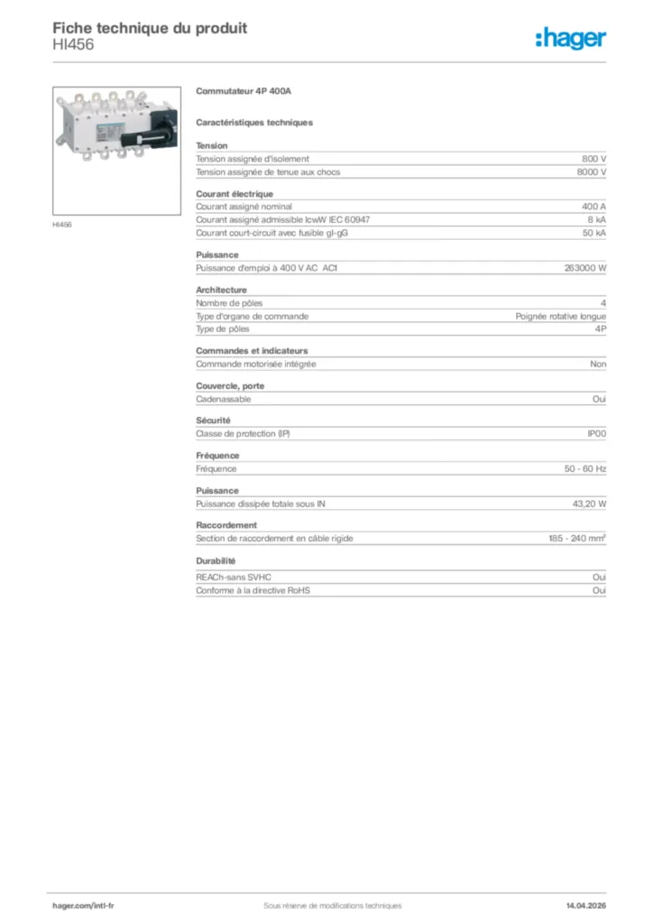 Image Hager Fiche technique du produit HI456 | Hager Afrique