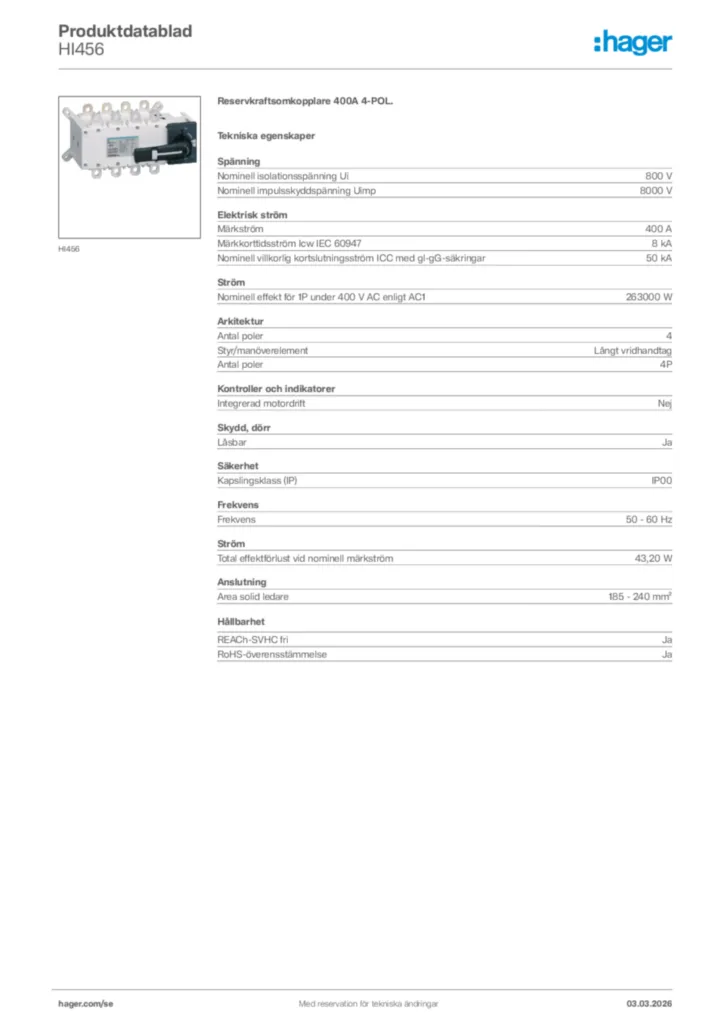 Bild Hager Produktdatablad HI456 | Hager Sverige