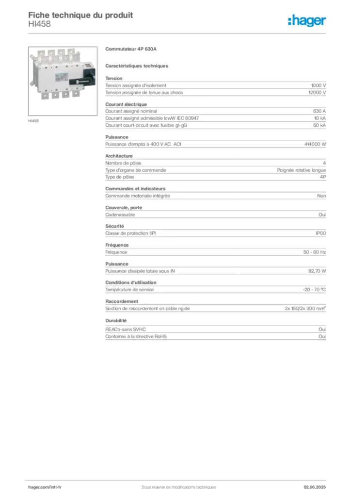Image Hager Fiche technique du produit HI458 | Hager Afrique