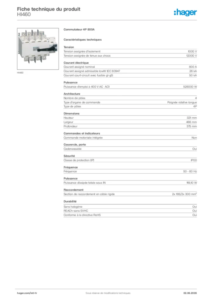 Image Hager Fiche technique du produit HI460 | Hager Afrique
