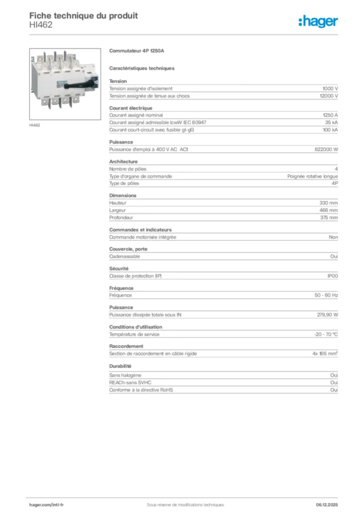 Image Hager Fiche technique du produit HI462 | Hager Afrique