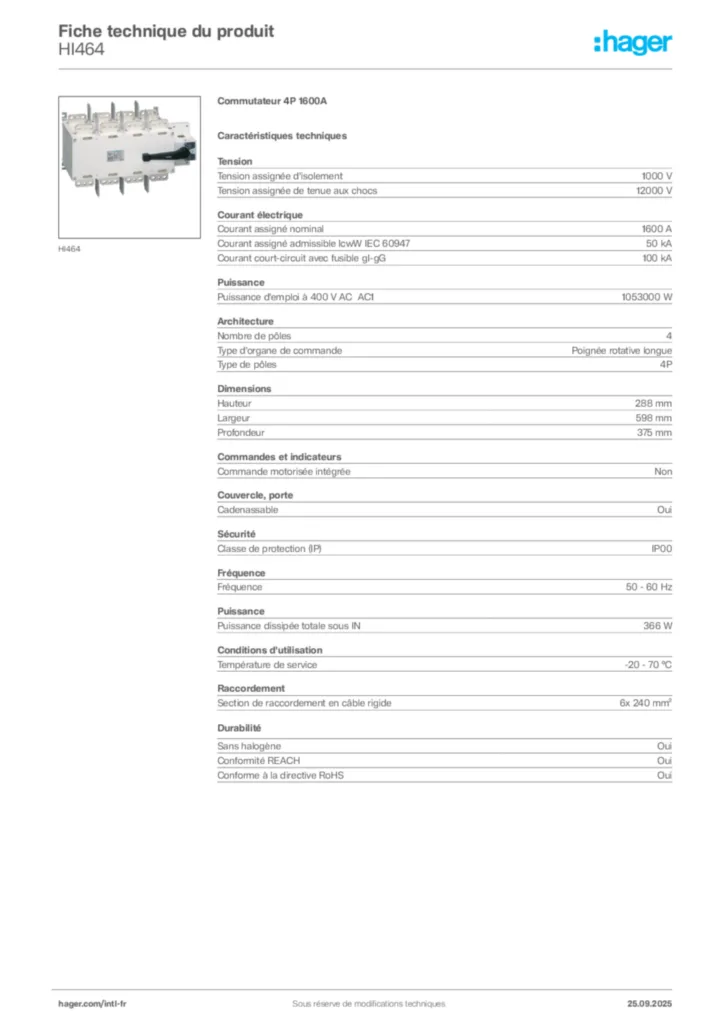 Image Hager Fiche technique du produit HI464 | Hager Afrique