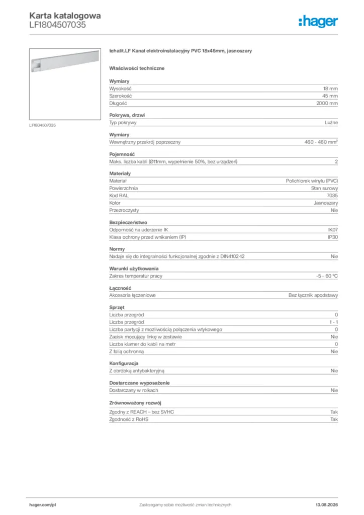 Zdjęcie Hager Karta katalogowa LF1804507035 | Hager Polska
