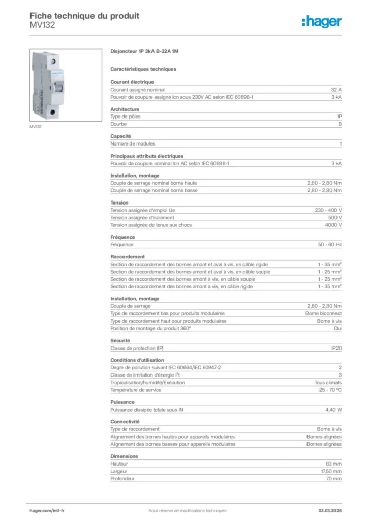 Image Hager Fiche technique du produit MV132 | Hager Afrique