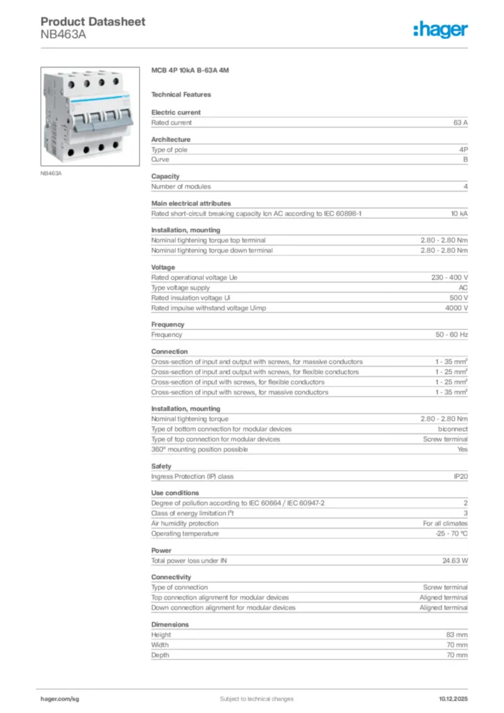 Image Hager Product data sheet NB463A  | Hager