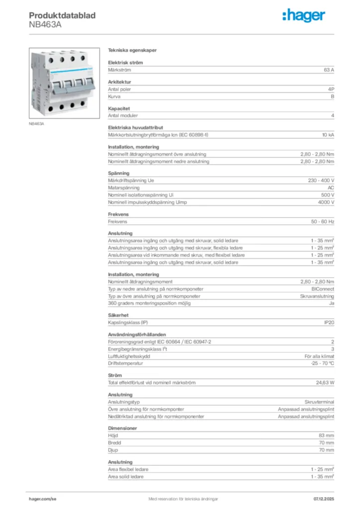 Bild Hager Produktdatablad NB463A | Hager Sverige